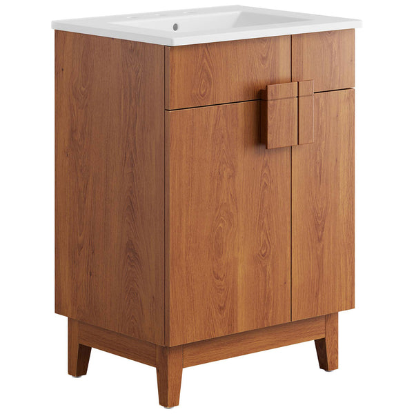 Warm walnut vanity with white ceramic basin and split square handle for modern appeal. || EEI-6482-WHI-WAL || front_angle_studio