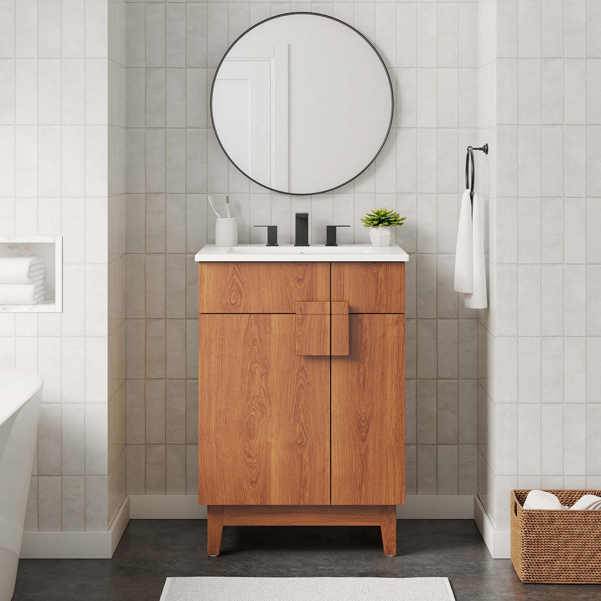 Clean, contemporary vanity warms the bath with walnut tone and a bright white top. || EEI-6482-WHI-WAL || front_room