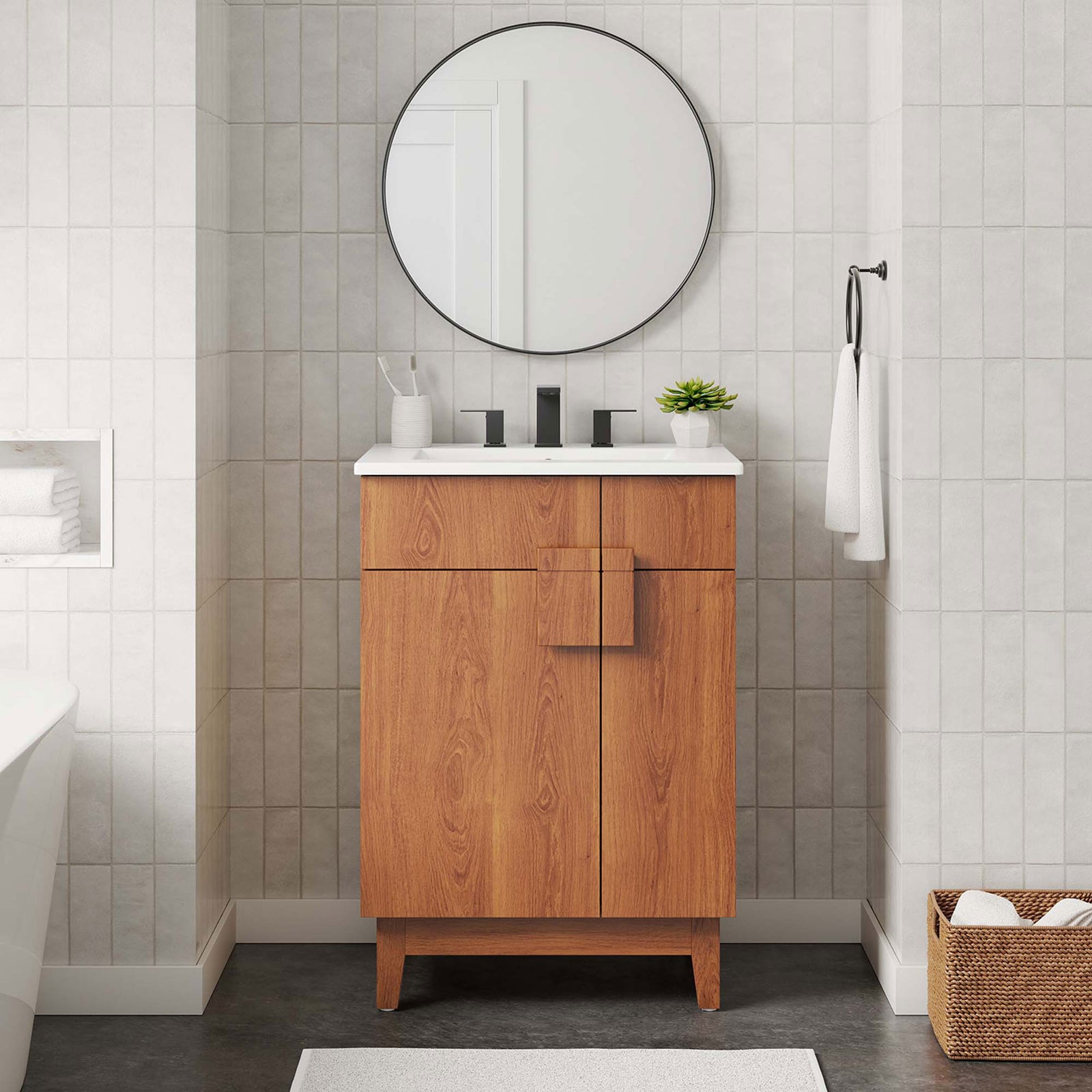 Clean, contemporary vanity warms the bath with walnut tone and a bright white top. || EEI-6482-WHI-WAL || front_room