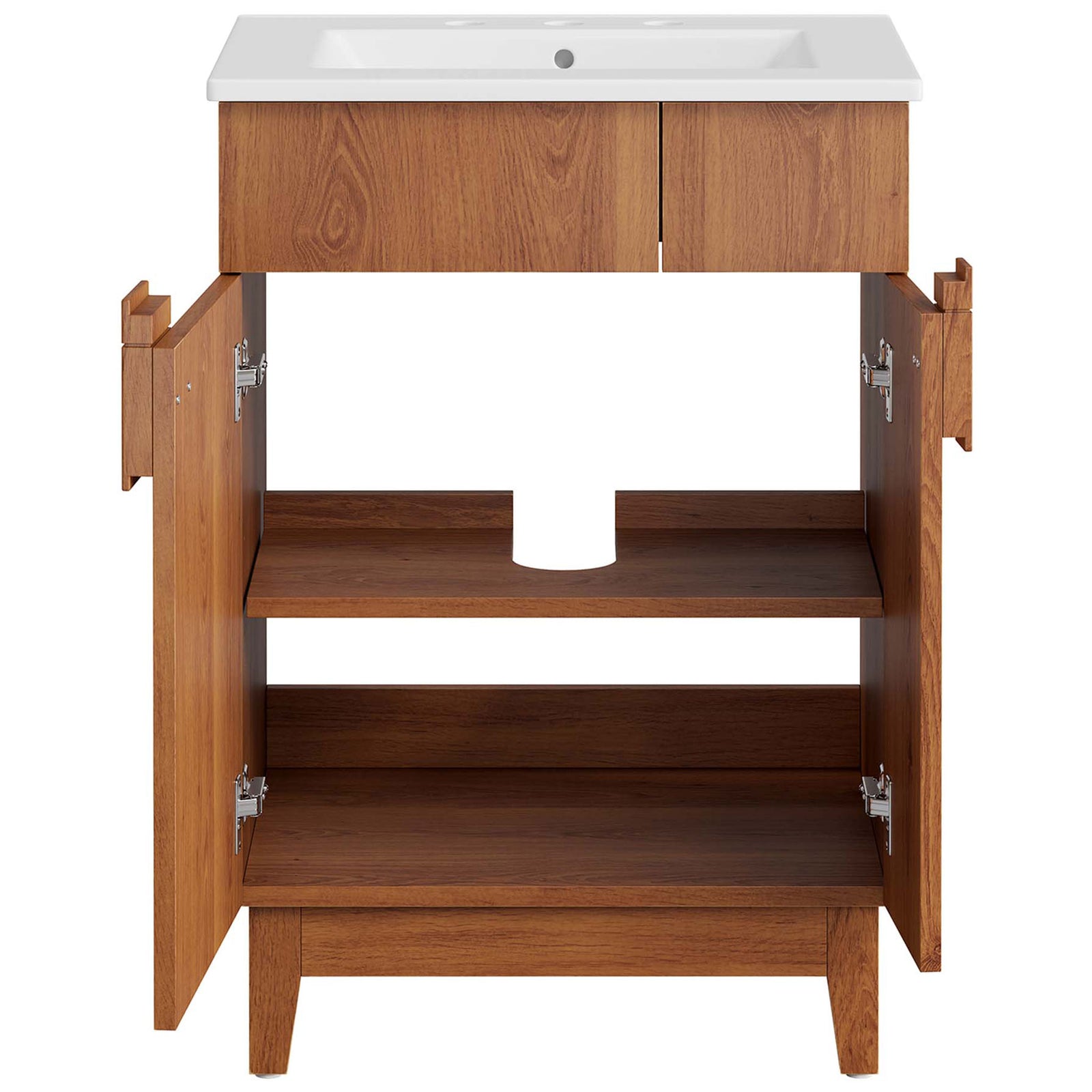 Two-door cabinet reveals roomy shelves and a plumbing cutout for easy organization. || EEI-6482-WHI-WAL || front_open_studio