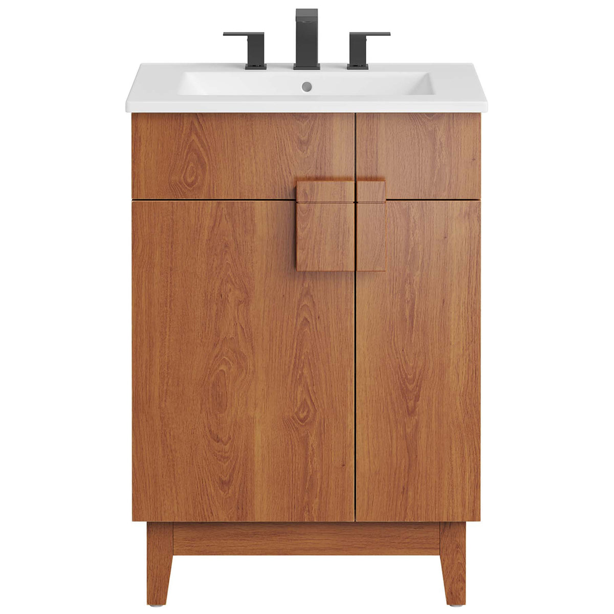 Crisp white sink contrasts a warm walnut cabinet for a clean, modern look. || EEI-6482-WHI-WAL || front_studio