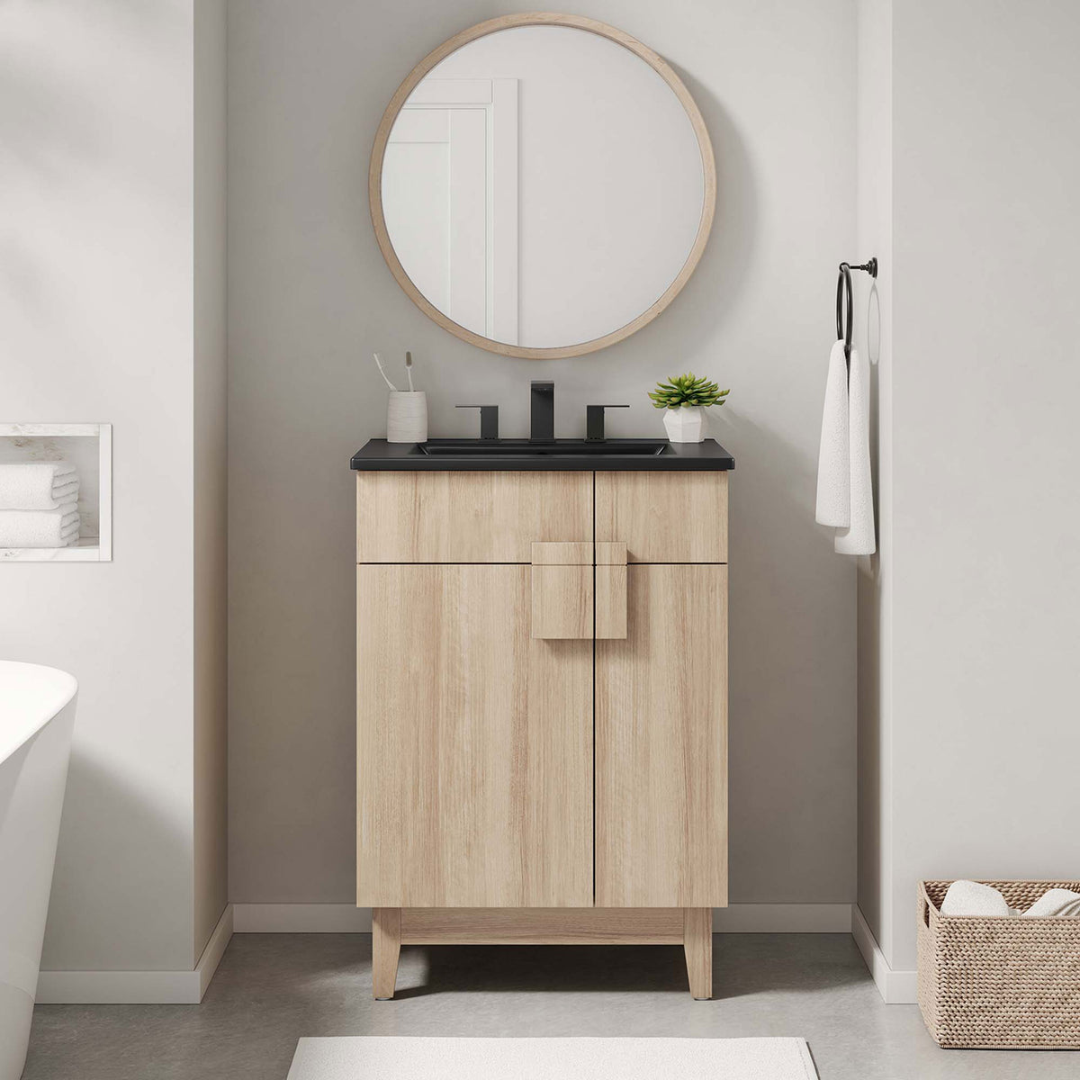 Sleek oak vanity with black sink elevates a minimalist bath with clean lines and everyday function. || EEI-6483-BLK-OAK || front_room