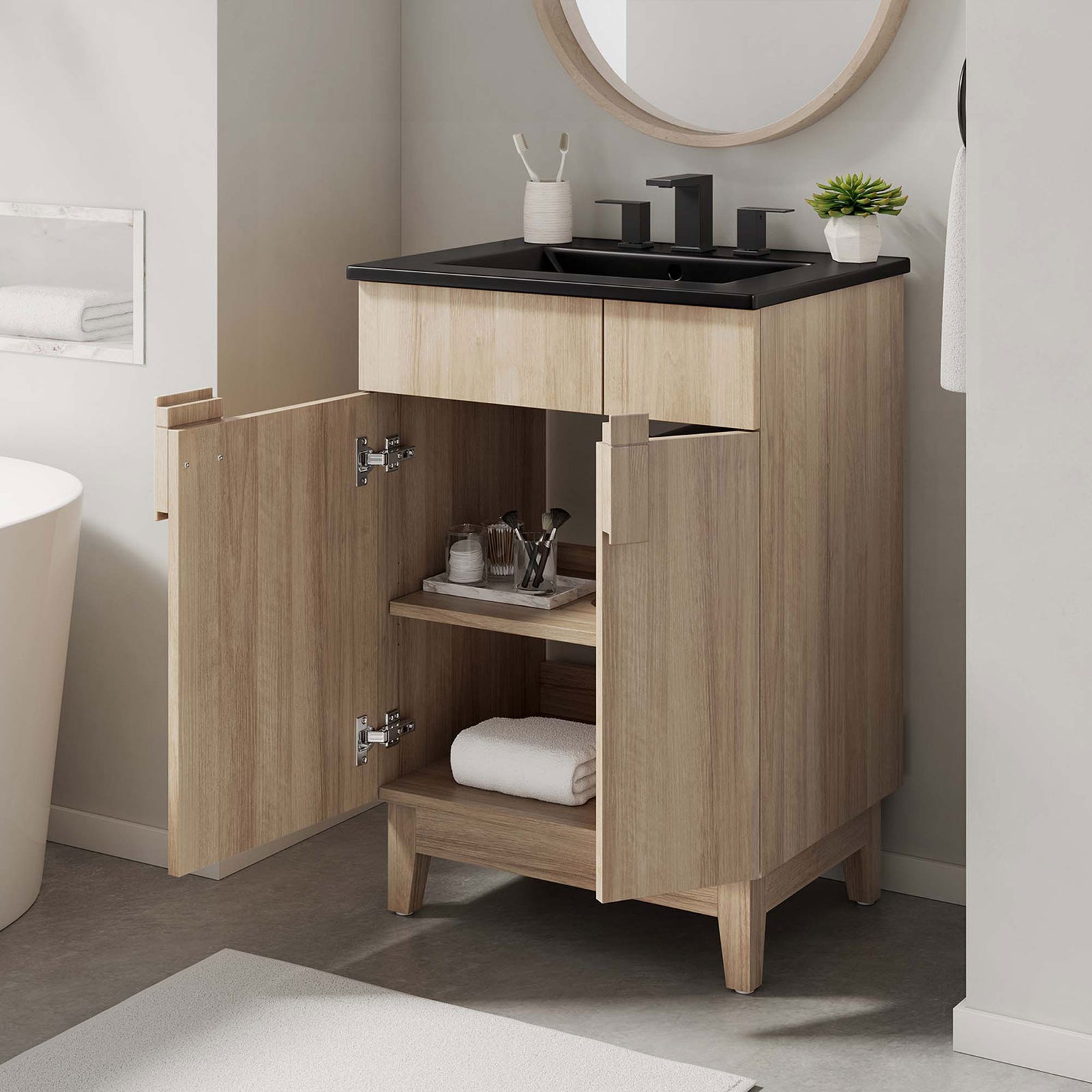 Ample hidden storage keeps essentials tidy, with doors open to show shelves and plumbing cutout. || EEI-6483-BLK-OAK || front_angle_open_room