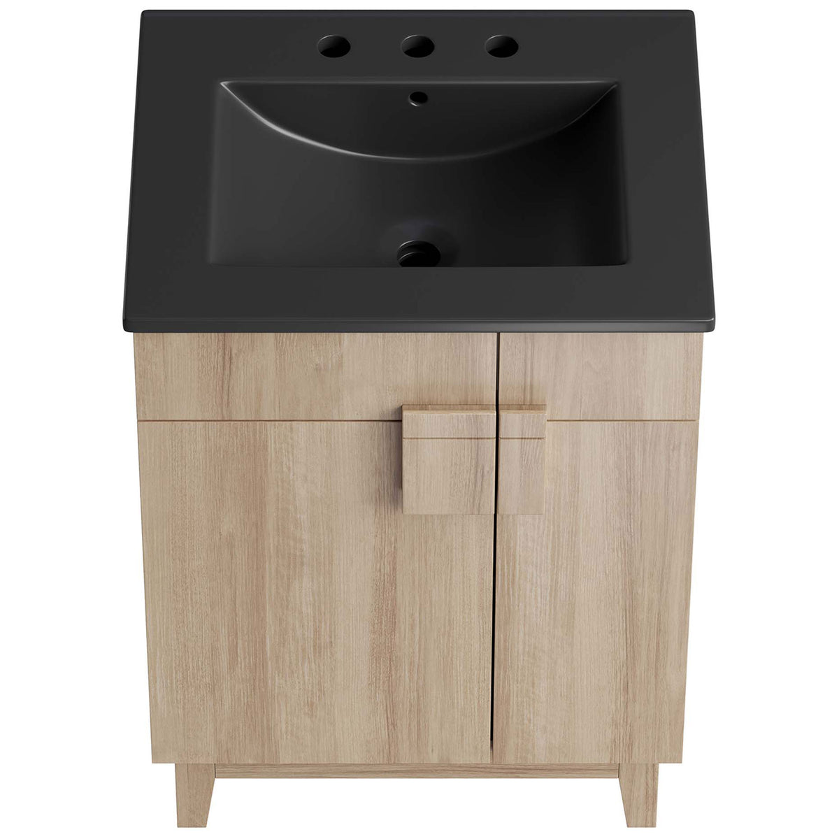 Integrated black ceramic sink with 8-inch widespread faucet holes and a gently curved basin. || EEI-6483-BLK-OAK || top_studio