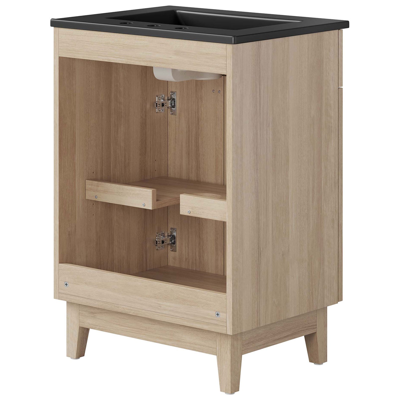 Open-back cabinet design provides easy plumbing access with reinforced interior supports. || EEI-6483-BLK-OAK || back_angle_studio