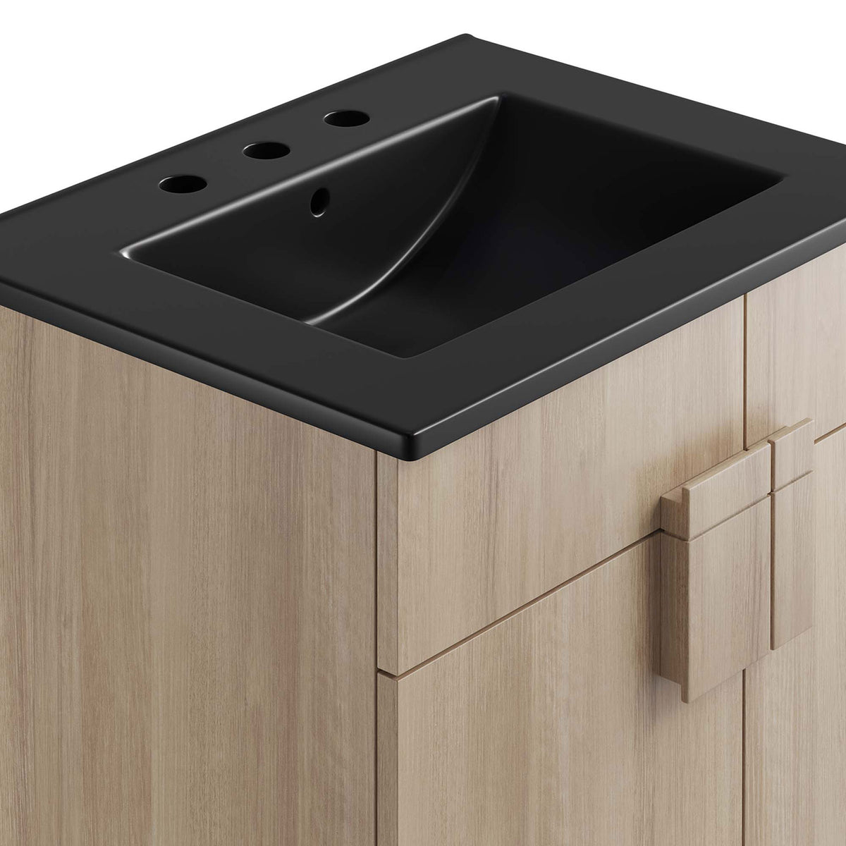 Matte black ceramic top with a curved basin pairs with the oak wood-grain cabinet. || EEI-6483-BLK-OAK || detail_studio