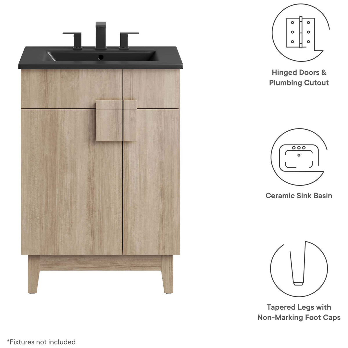 Key features include hinged doors, ceramic sink basin, and tapered legs with non-marking caps. || EEI-6483-BLK-OAK || callout_studio