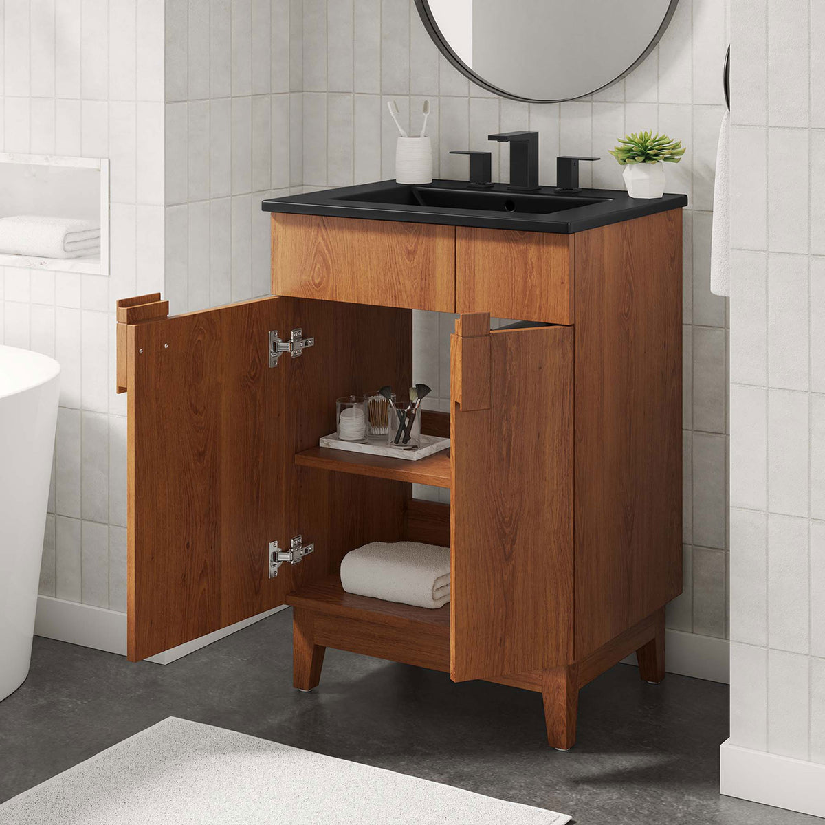 Open storage shelves provide accessible space for towels and toiletries || EEI-6483-BLK-WAL || front_open_room