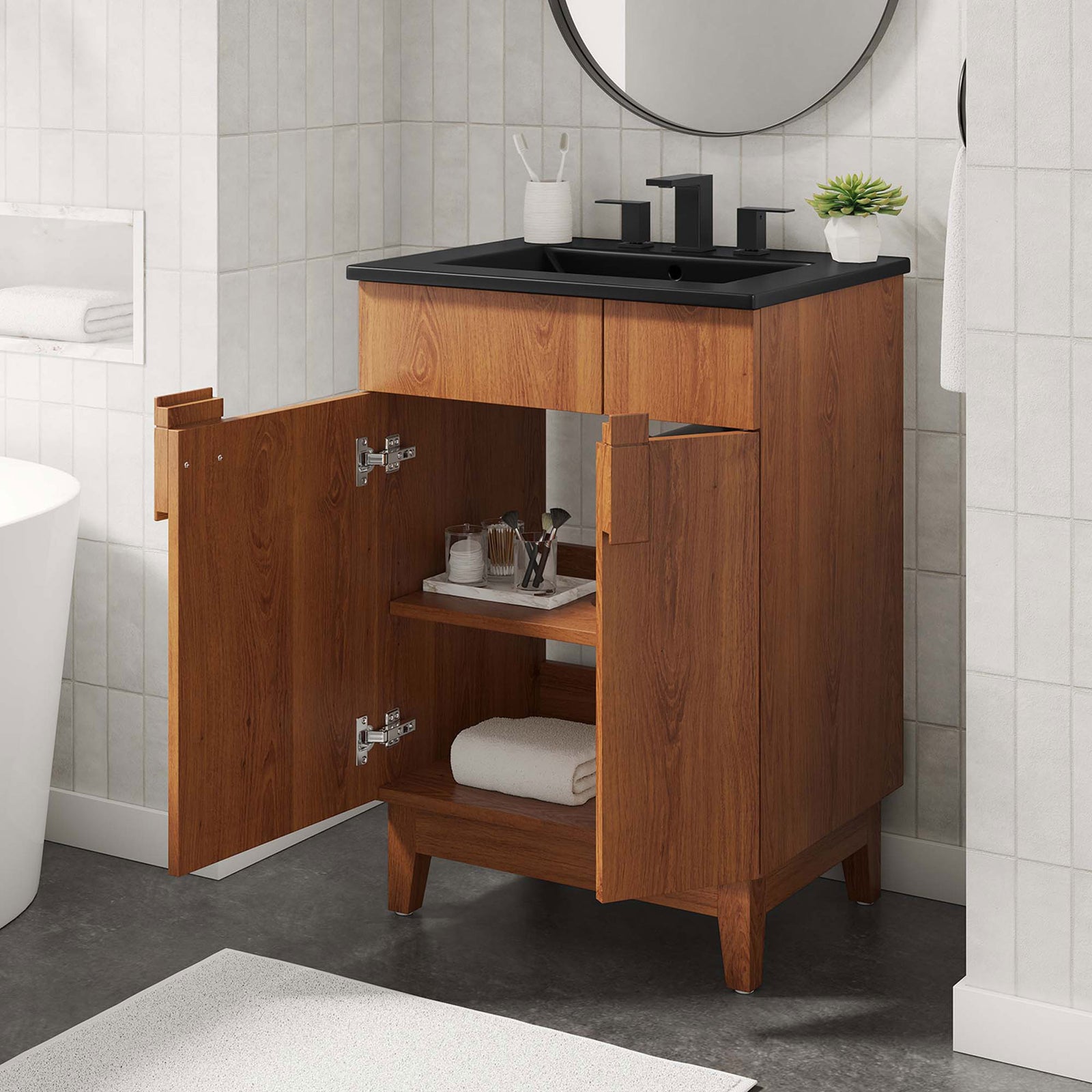 Open storage shelves provide accessible space for towels and toiletries || EEI-6483-BLK-WAL || front_open_room