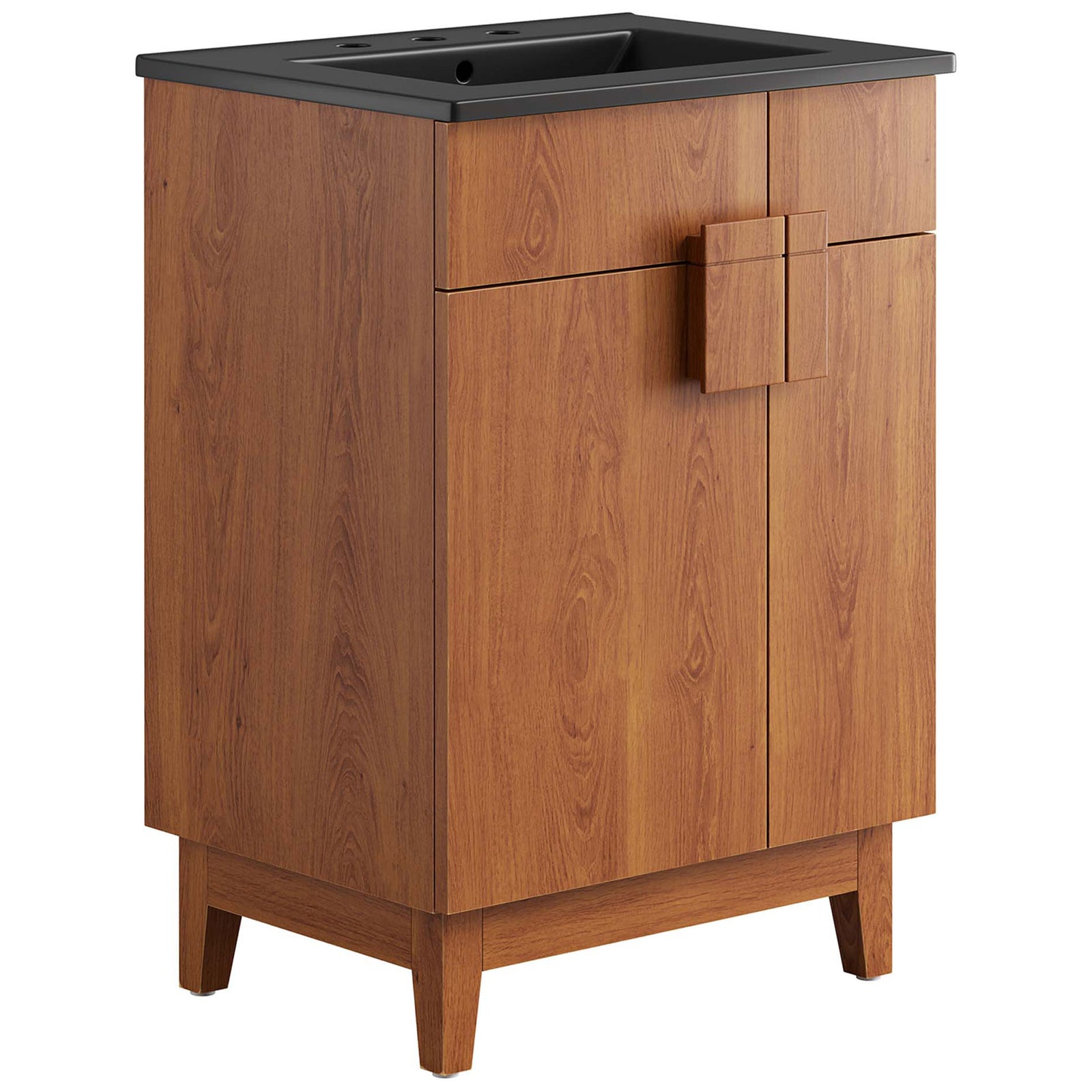 Compact 24-inch vanity in black walnut with a black ceramic sink and chic geometric pull || EEI-6483-BLK-WAL || front_angle_studio