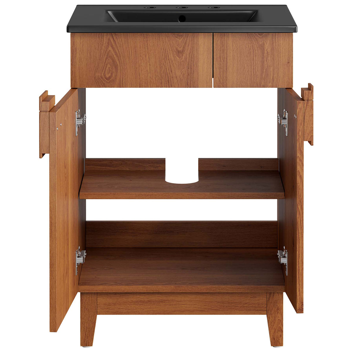 Dual-door storage with two shelves and plumbing cutout keeps essentials organized || EEI-6483-BLK-WAL || front_open_studio