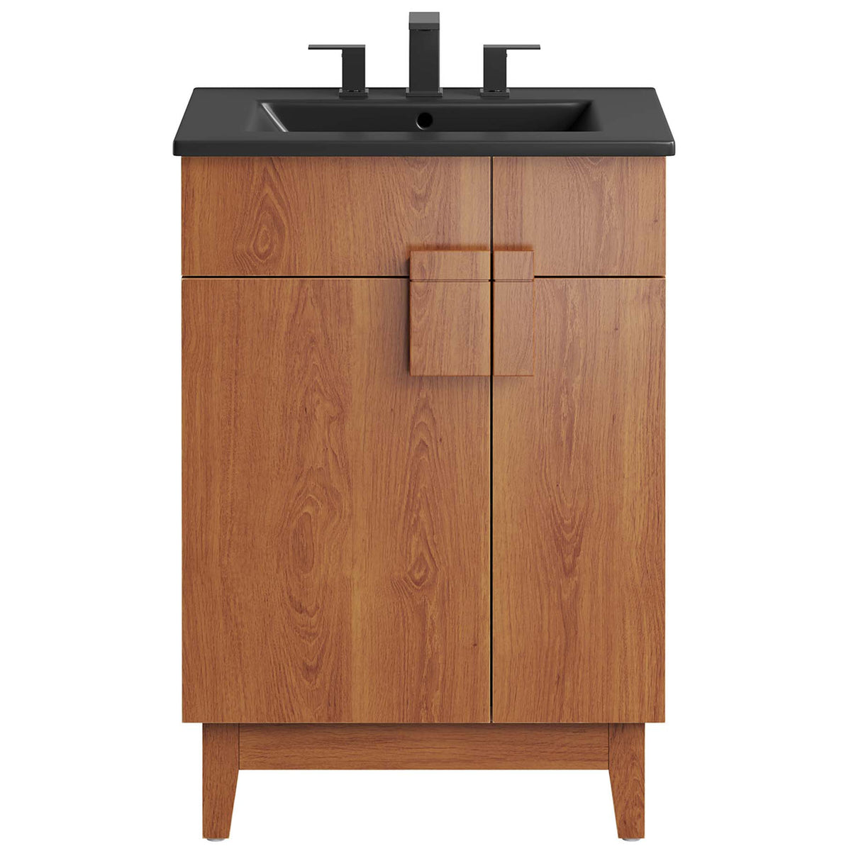Clean front view showcases the asymmetrical doors and sculptural square pull || EEI-6483-BLK-WAL || front_studio