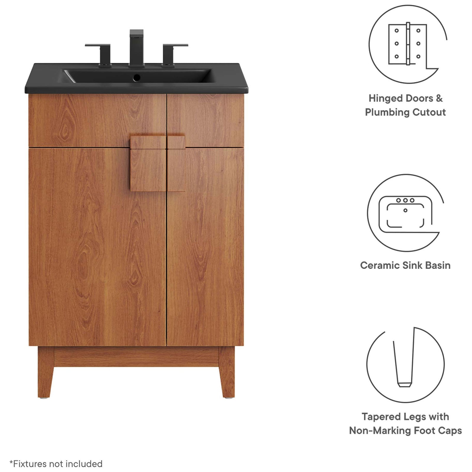Key features: hinged doors, ceramic sink, and tapered legs with non-marking caps || EEI-6483-BLK-WAL || callout_studio