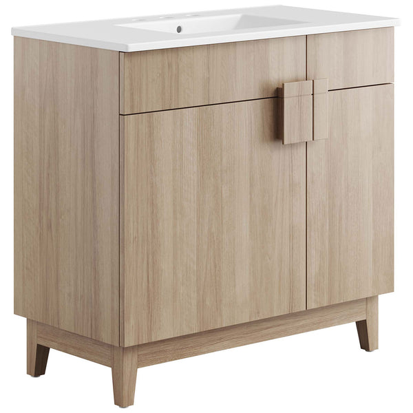 Generous 36-inch vanity in warm wood tone with integrated ceramic sink || EEI-6484-WHI-OAK || front_angle_studio