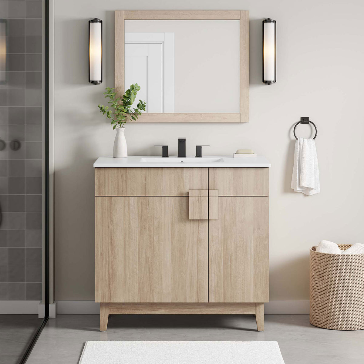 Modern warmth for the bathroom with clean lines and a bright ceramic surface || EEI-6484-WHI-OAK || front_angle_room