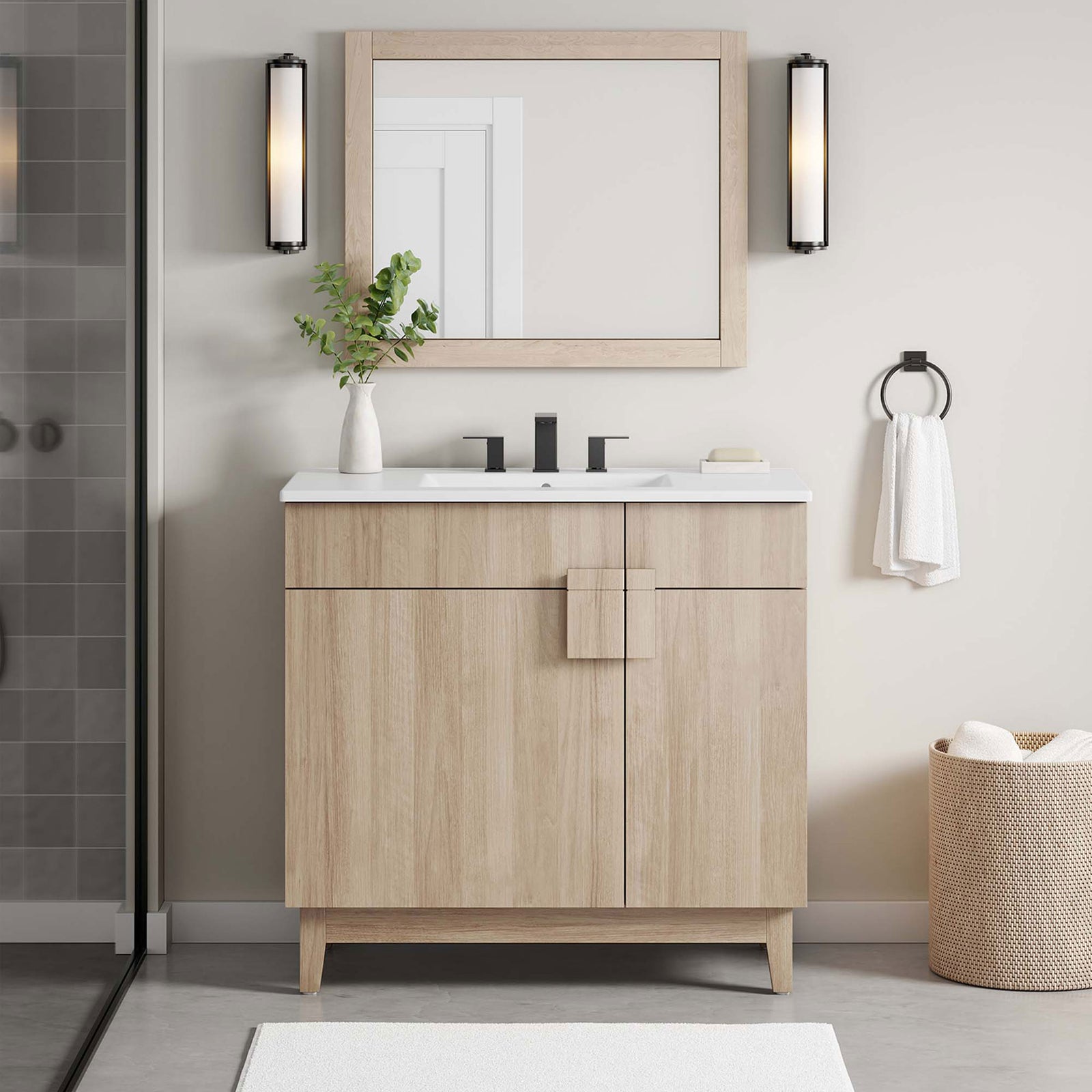 Modern warmth for the bathroom with clean lines and a bright ceramic surface || EEI-6484-WHI-OAK || front_angle_room