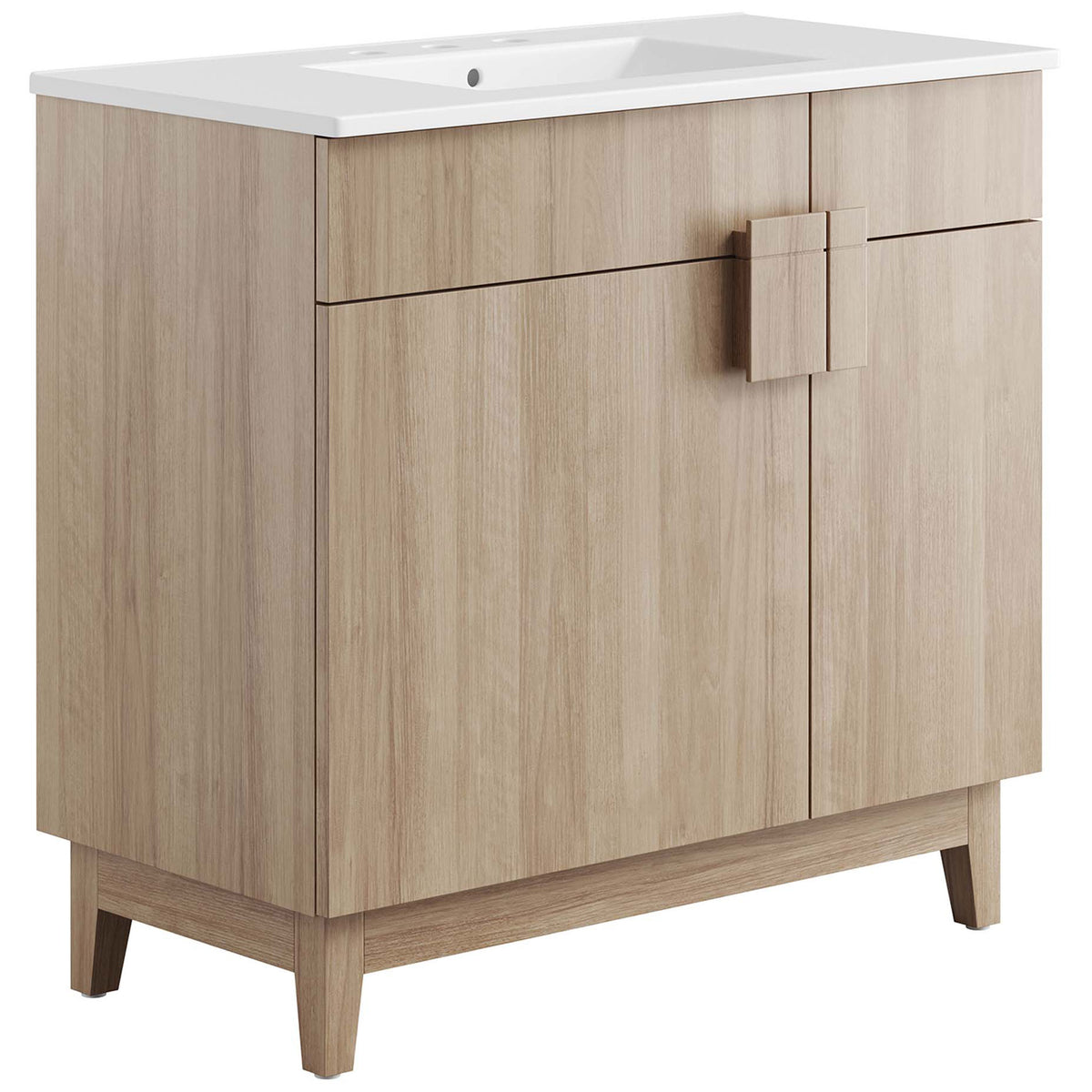 Generous 36-inch vanity in warm wood tone with integrated ceramic sink || EEI-6484-WHI-OAK || front_angle_studio