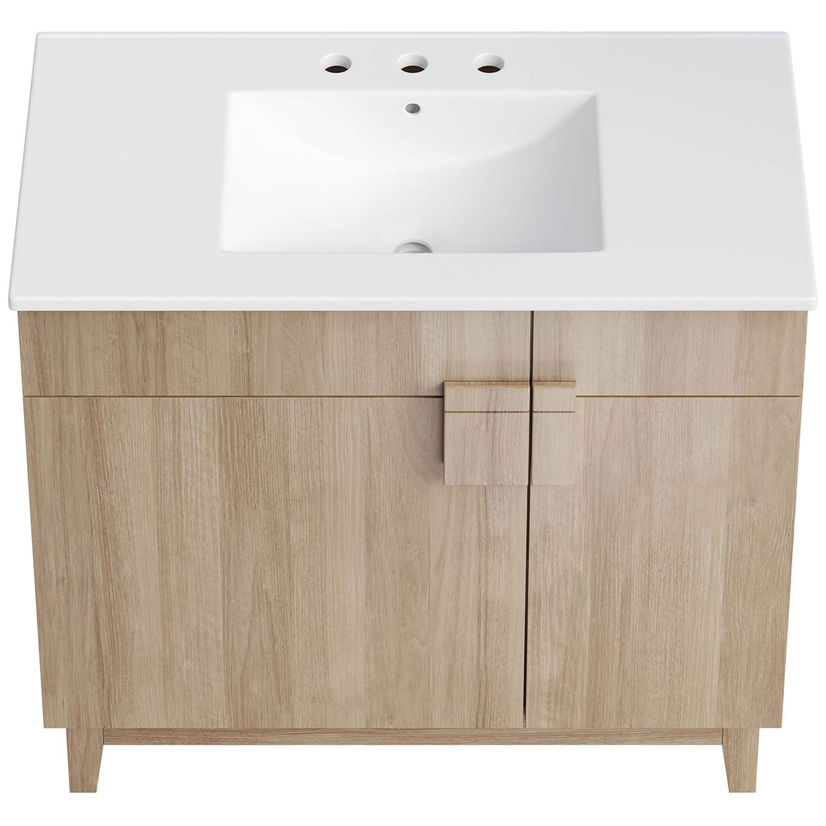 Wide ceramic basin with pre-drilled 8-inch widespread faucet holes || EEI-6484-WHI-OAK || top_studio