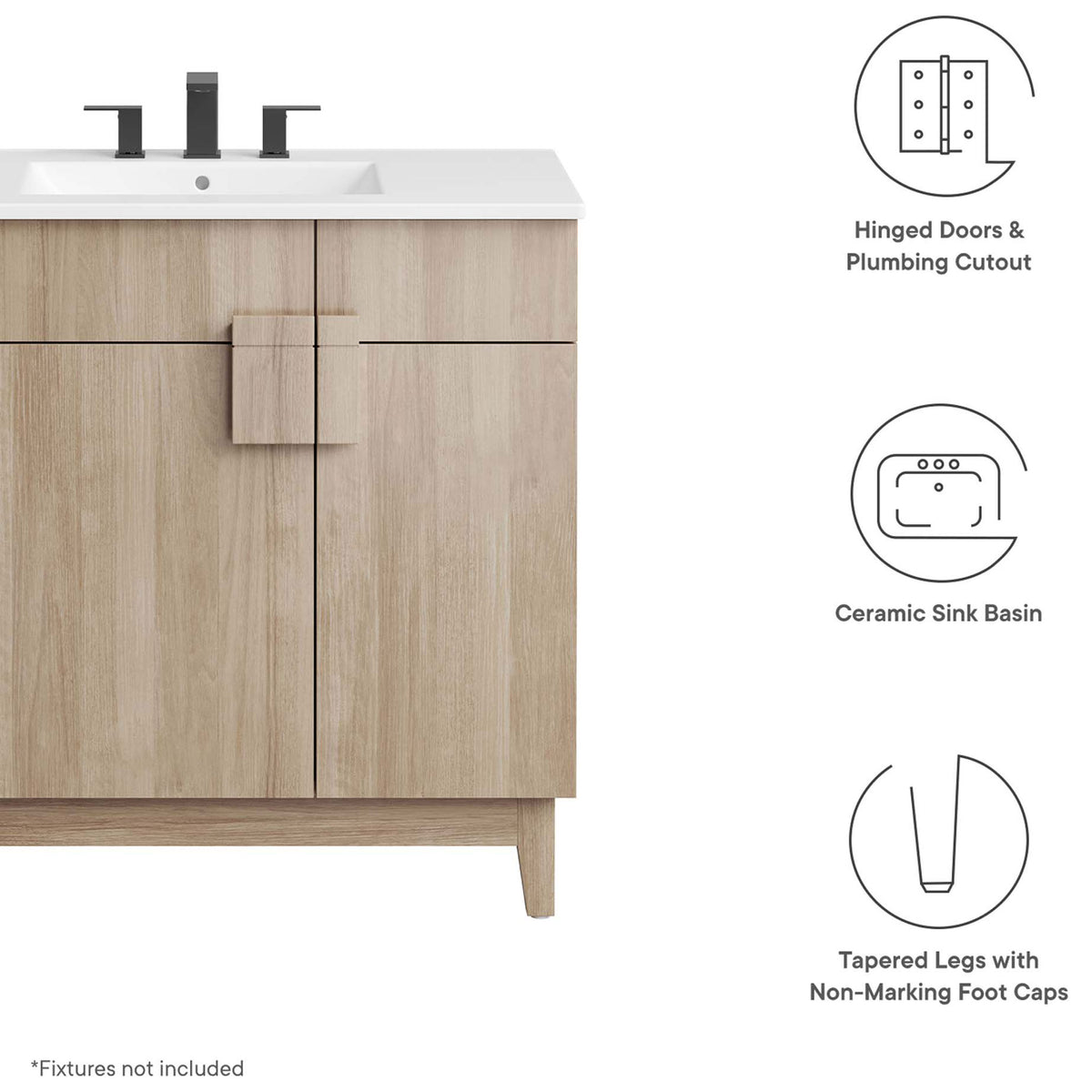 Hinged doors, ceramic sink basin, and tapered legs with non-marking caps || EEI-6484-WHI-OAK || callout_studio