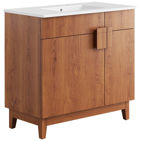 Wide walnut vanity with white ceramic basin and distinctive split square handle. || EEI-6484-WHI-WAL || front_angle_studio