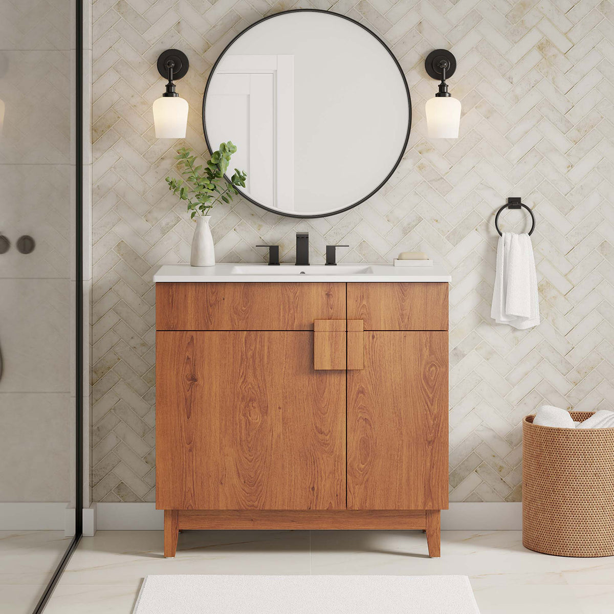 Warm walnut texture and clean white top create inviting bathroom contrast. || EEI-6484-WHI-WAL || front_room