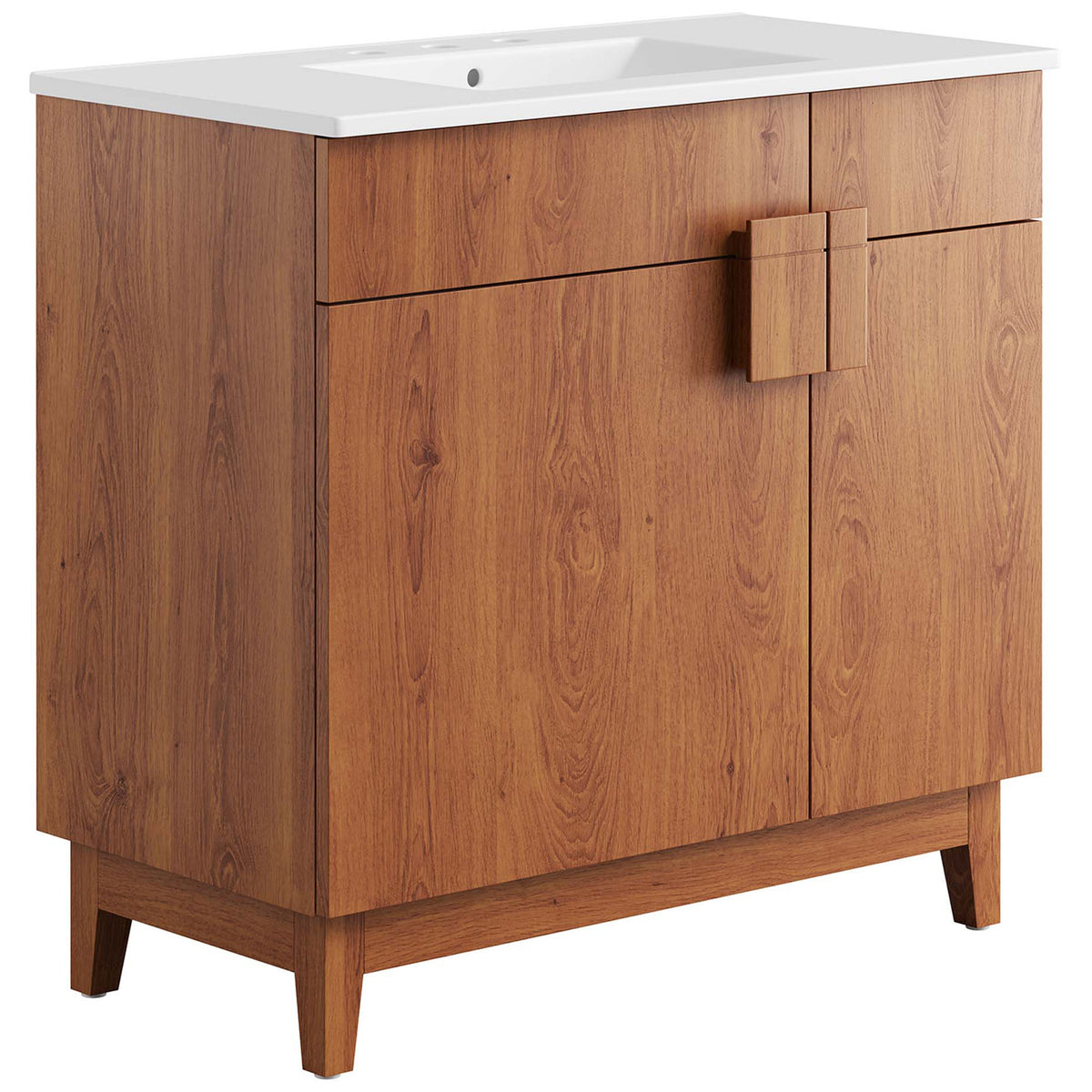 Wide walnut vanity with white ceramic basin and distinctive split square handle. || EEI-6484-WHI-WAL || front_angle_studio