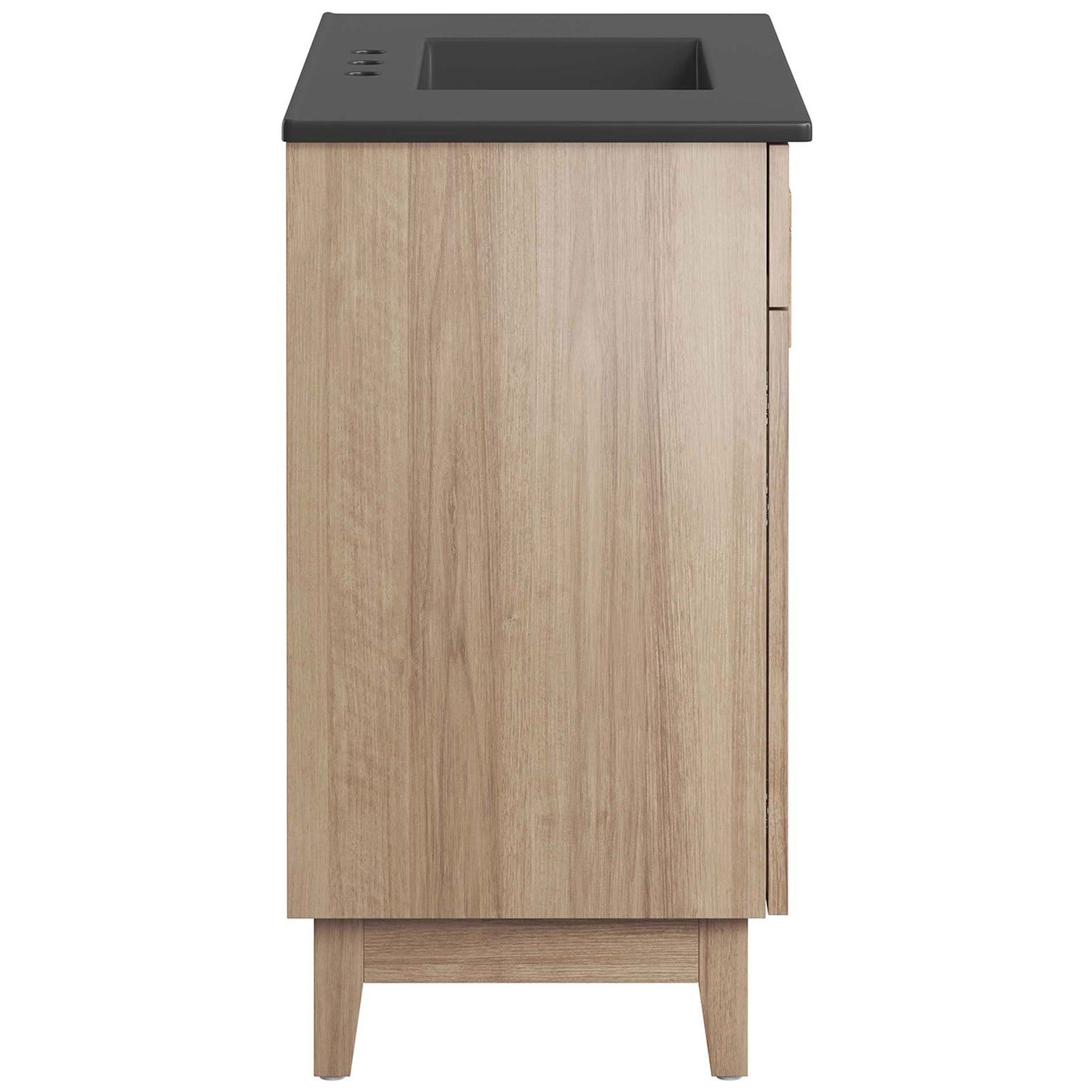Slim profile emphasizes the modern cabinet silhouette and solid wood-look construction. || EEI-6485-BLK-OAK || side_studio