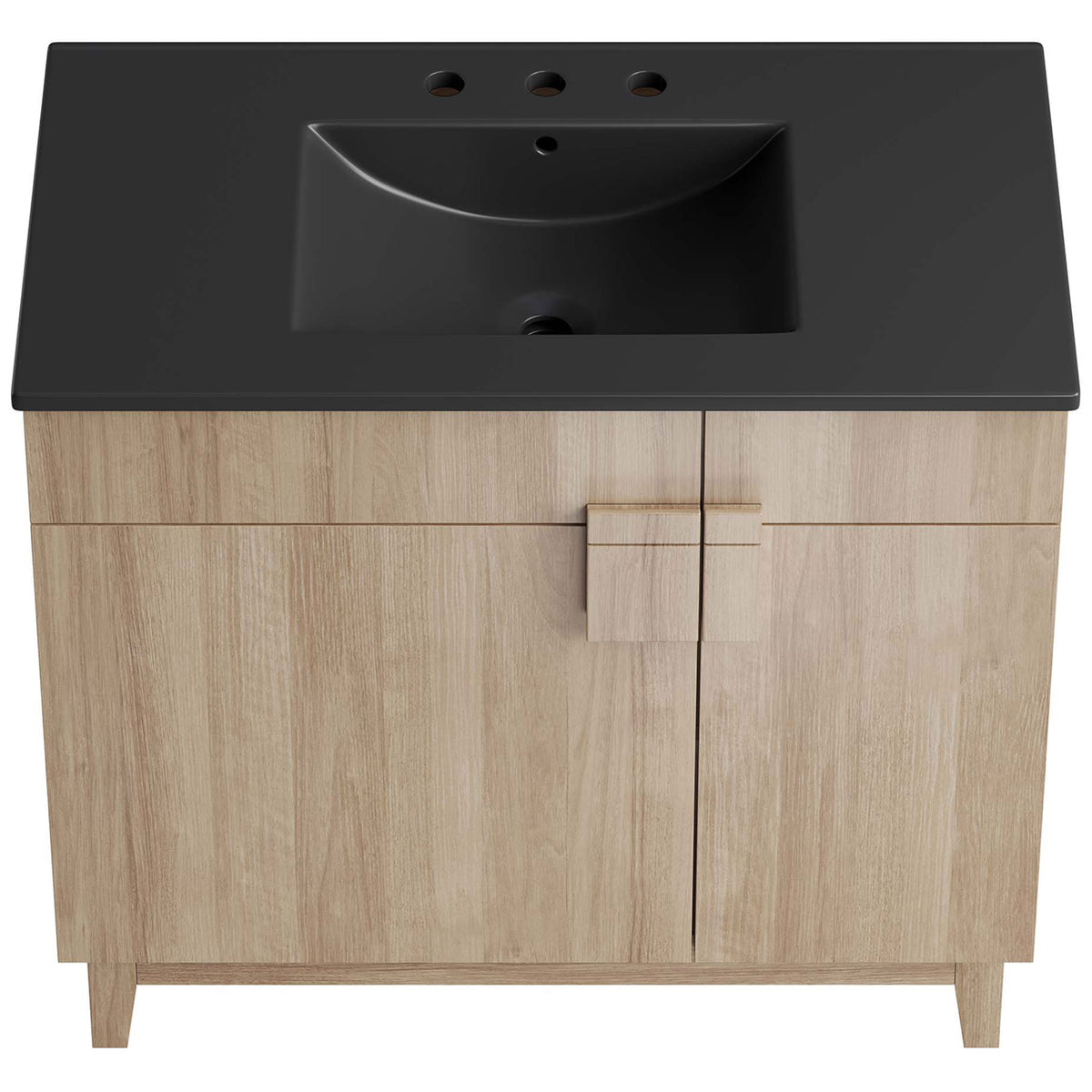 Expansive integrated black ceramic sink with 8-inch widespread faucet holes and a softly curved basin. || EEI-6485-BLK-OAK || top_studio