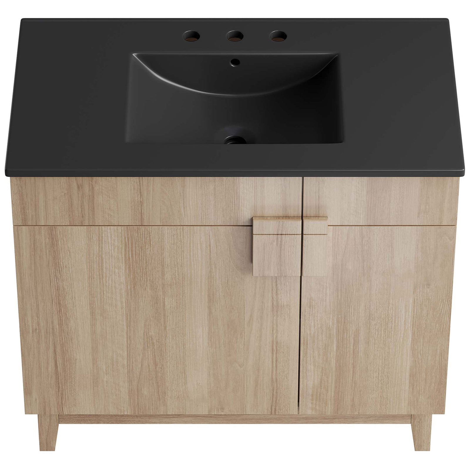 Expansive integrated black ceramic sink with 8-inch widespread faucet holes and a softly curved basin. || EEI-6485-BLK-OAK || top_studio