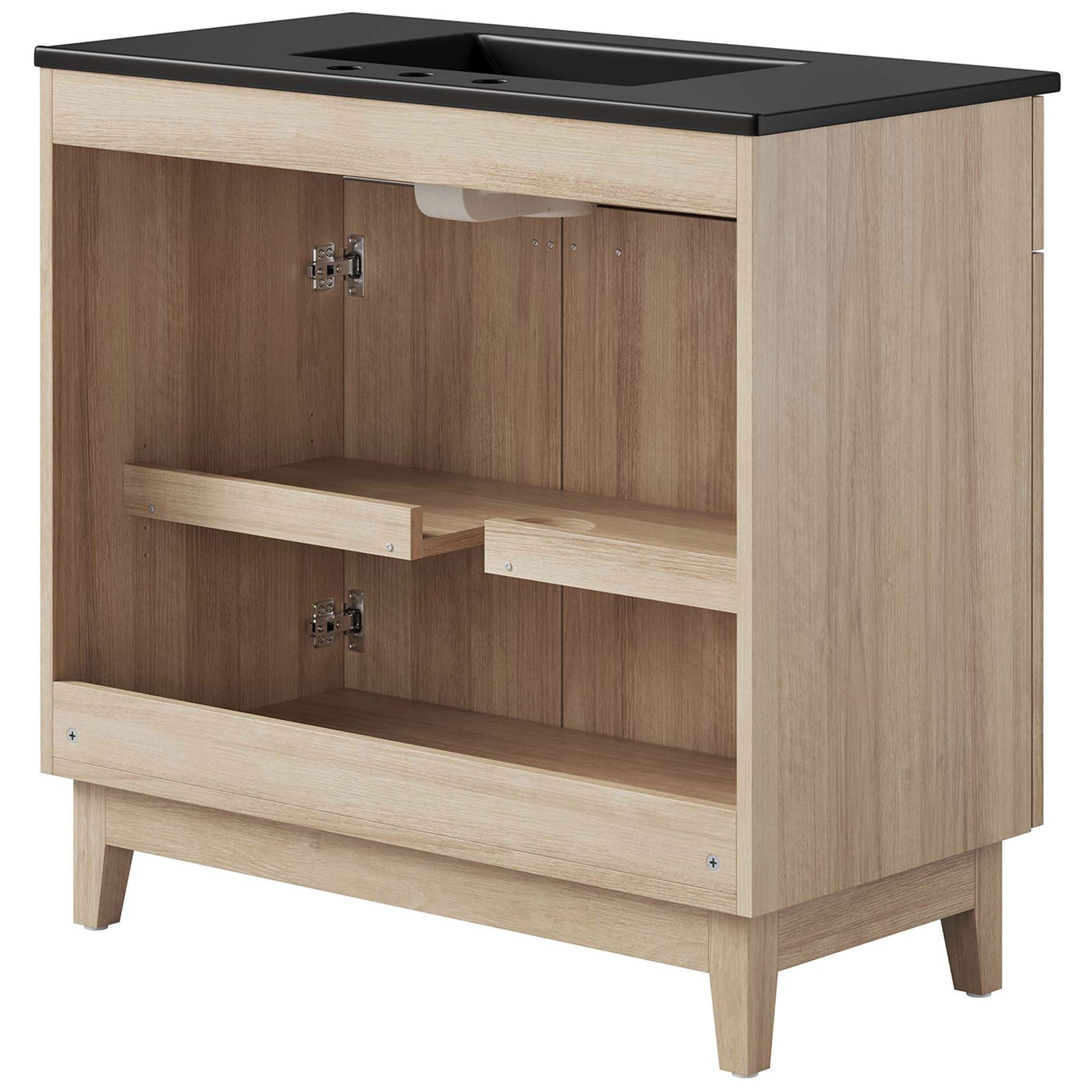 Open-back vanity cabinet simplifies plumbing installation with sturdy interior framing. || EEI-6485-BLK-OAK || back_angle_studio