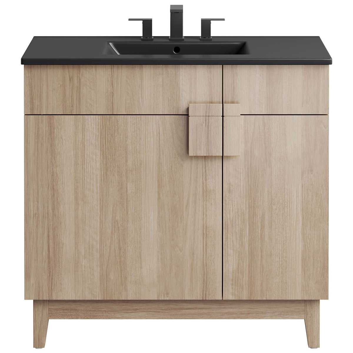 Contemporary vanity showcases a black ceramic top, pre-drilled for 8-inch widespread faucets. || EEI-6485-BLK-OAK || front_studio