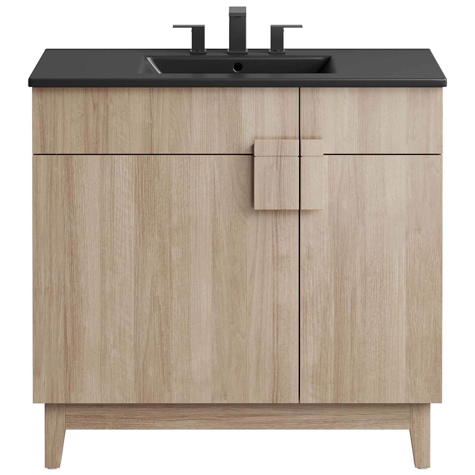 Contemporary vanity showcases a black ceramic top, pre-drilled for 8-inch widespread faucets. || EEI-6485-BLK-OAK || front_studio