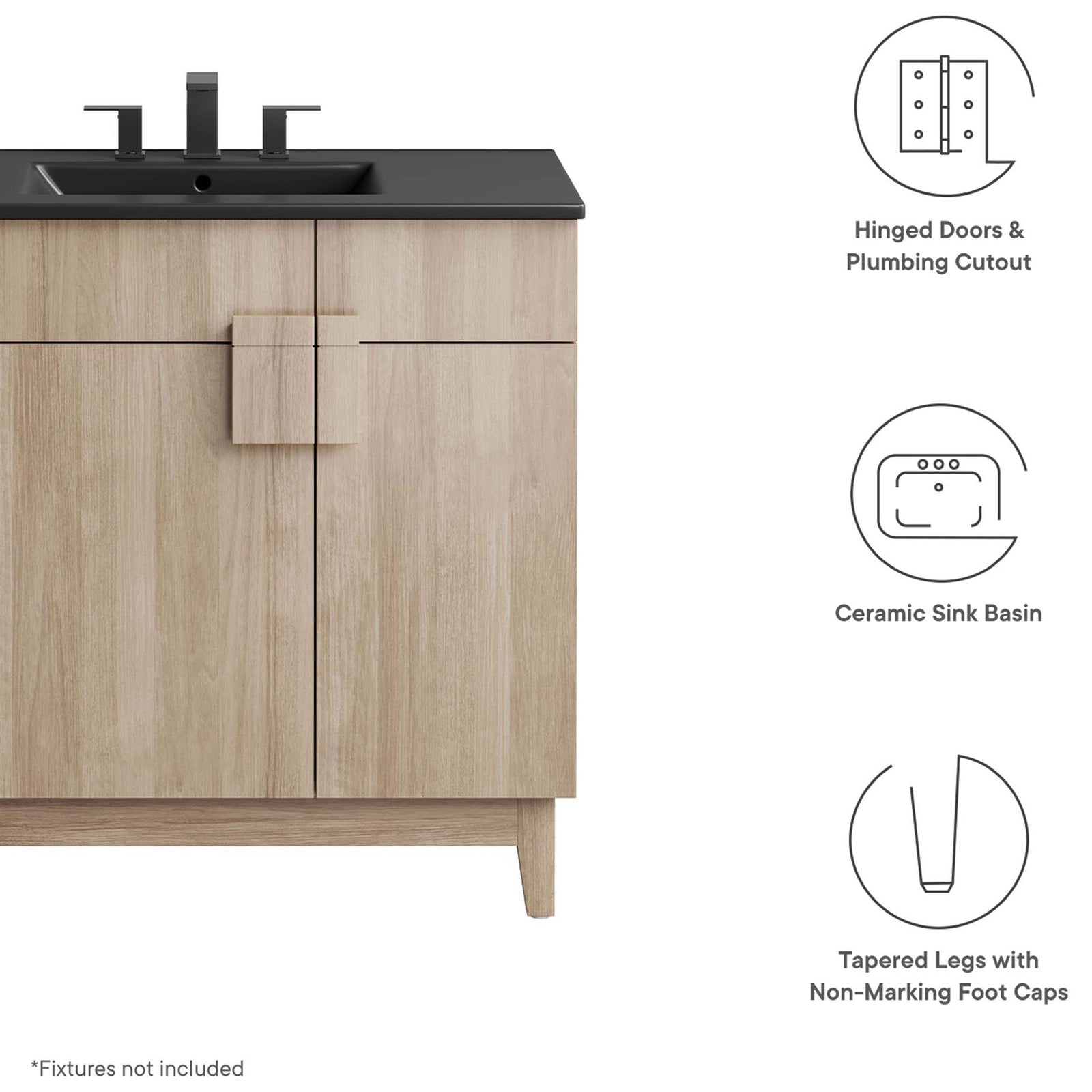 Feature highlights: hinged doors, ceramic sink basin, and tapered legs with non-marking caps. || EEI-6485-BLK-OAK || callout_studio