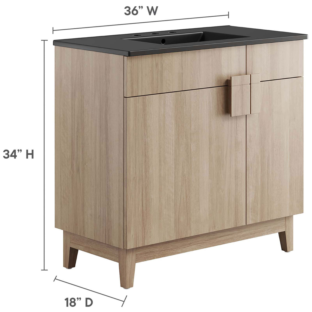 Generous 36-inch vanity dimensions provide added counter space and storage capacity. || EEI-6485-BLK-OAK || dimension_studio