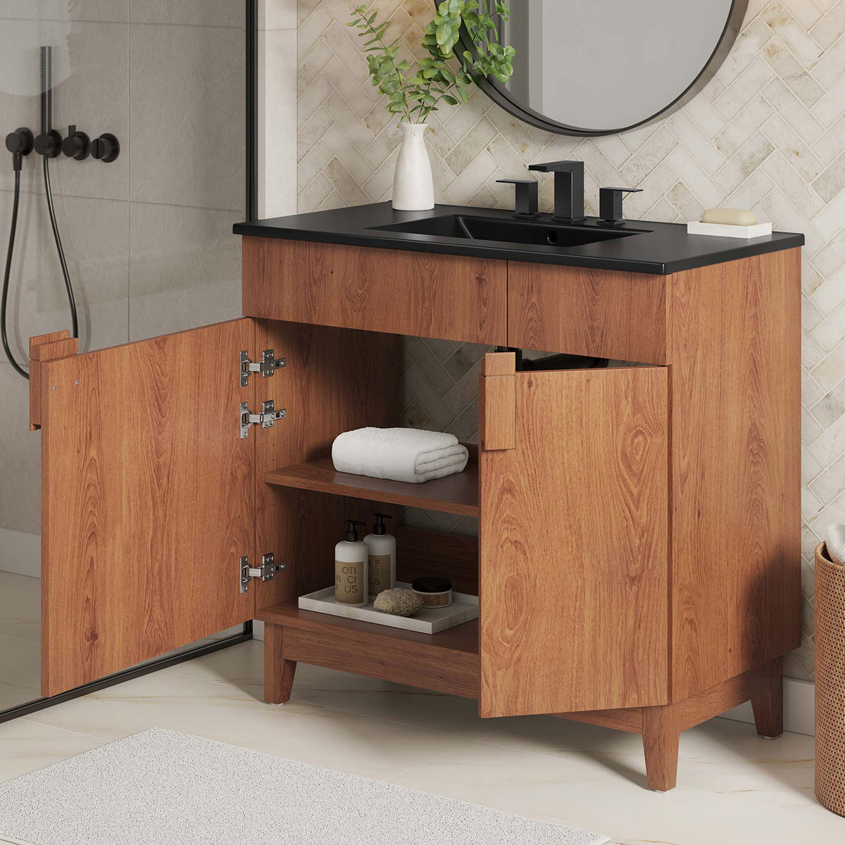 Open shelves keep towels and toiletries neatly within reach || EEI-6485-BLK-WAL || front_open_room