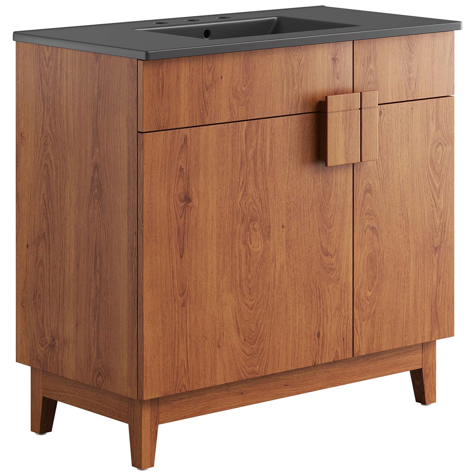 Spacious 36-inch vanity in black walnut with bold black sink and modern square pull || EEI-6485-BLK-WAL || front_angle_studio