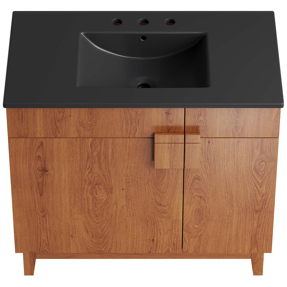 Wide black countertop with integrated curved basin and 8-inch widespread holes || EEI-6485-BLK-WAL || top_studio
