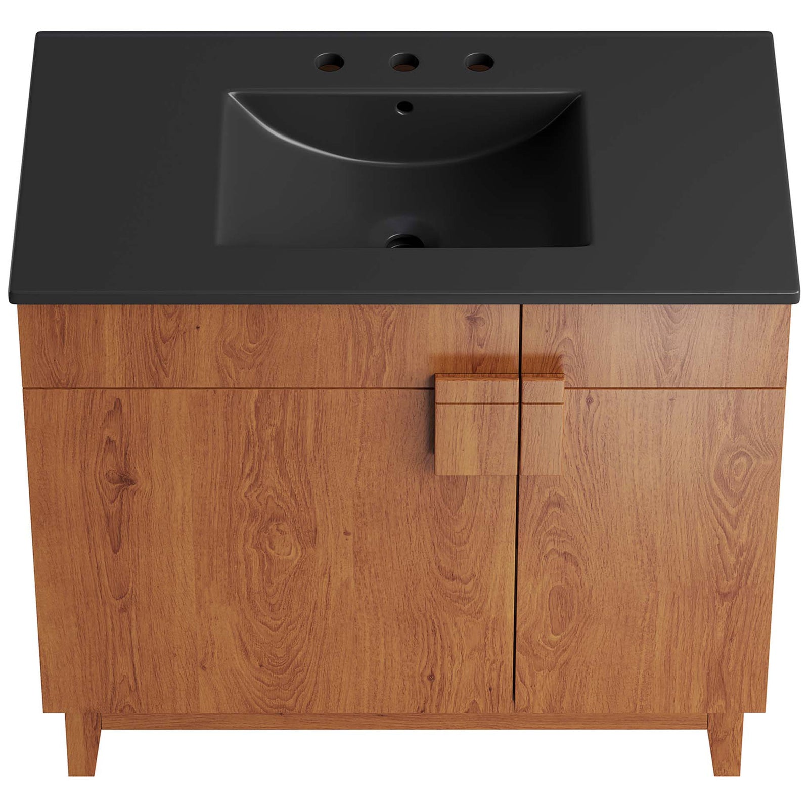 Wide black countertop with integrated curved basin and 8-inch widespread holes || EEI-6485-BLK-WAL || top_studio