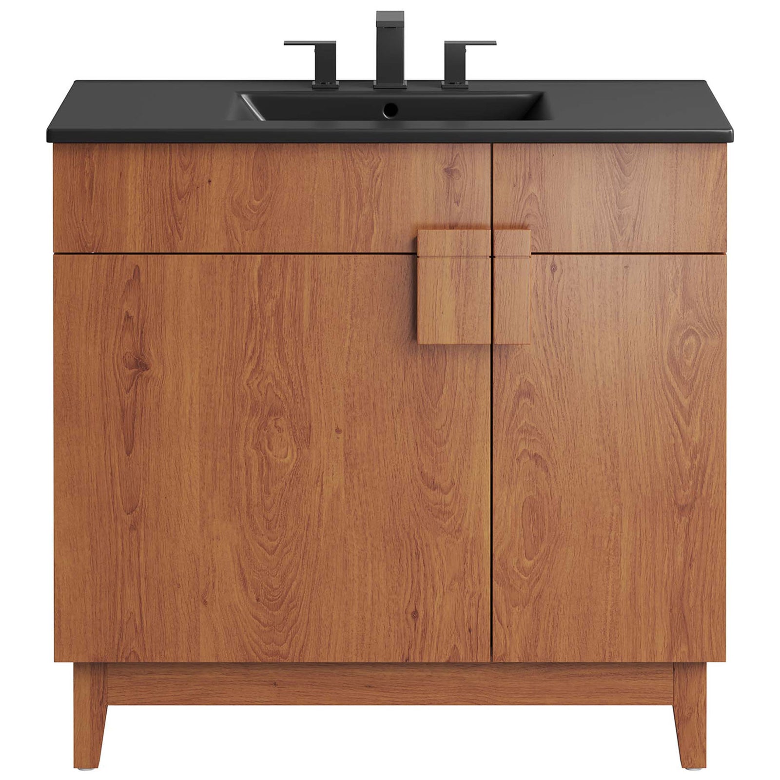 Symmetrical facade highlights the rich walnut finish and sculptural hardware || EEI-6485-BLK-WAL || front_studio