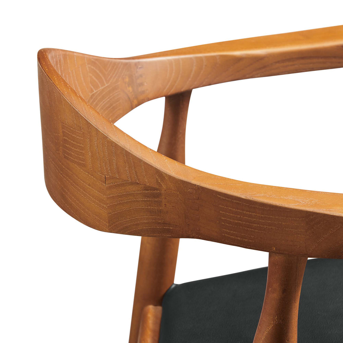 The smoothly carved wood backrest reveals natural grain beside the black upholstered seat