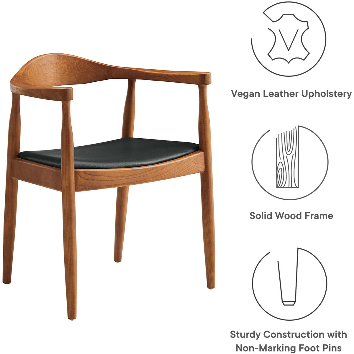 Vegan leather upholstery, a solid wood frame, and nonmarking foot pins pair comfort with durability