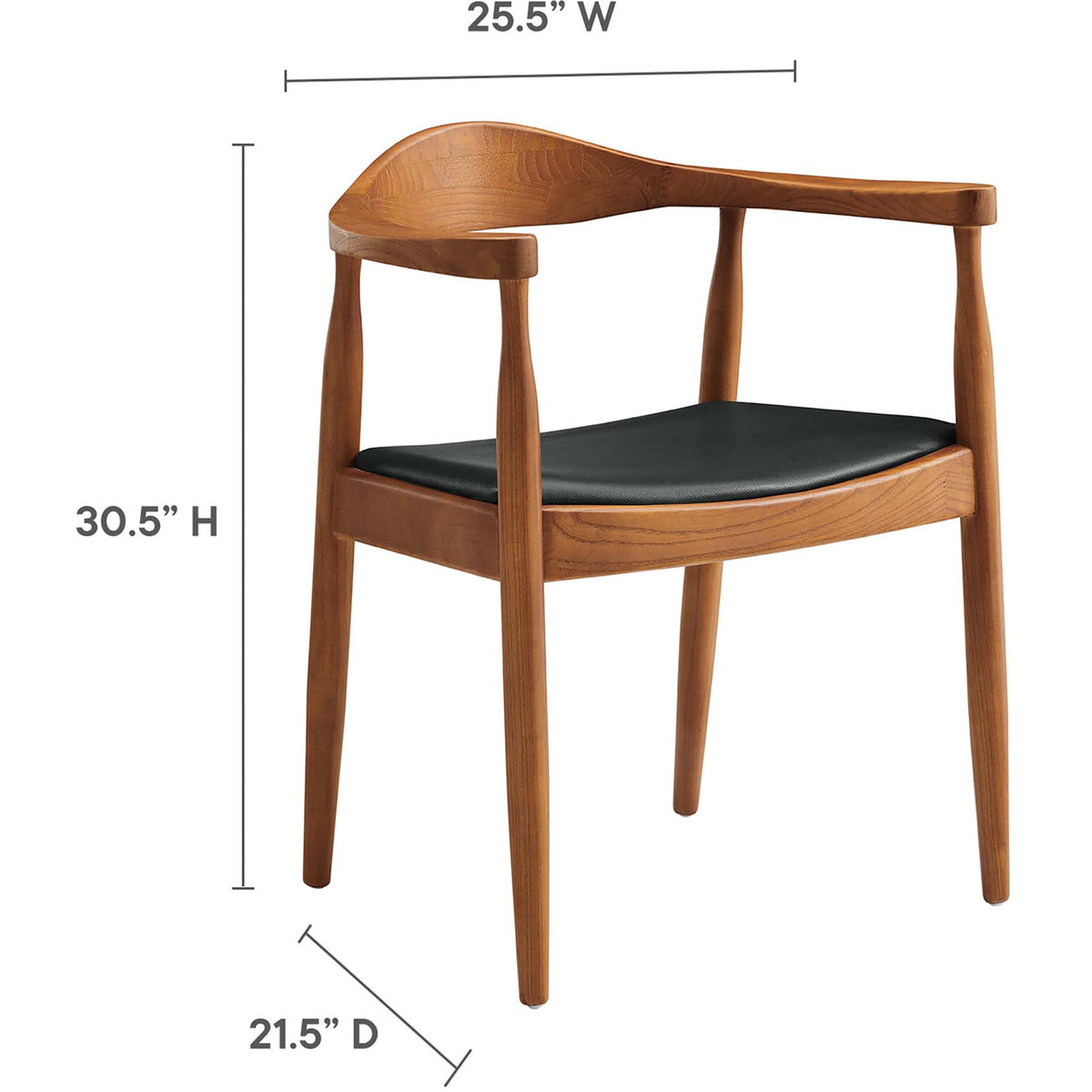 A 25.5-inch-wide dining armchair combines curved wood arms with a black upholstered seat