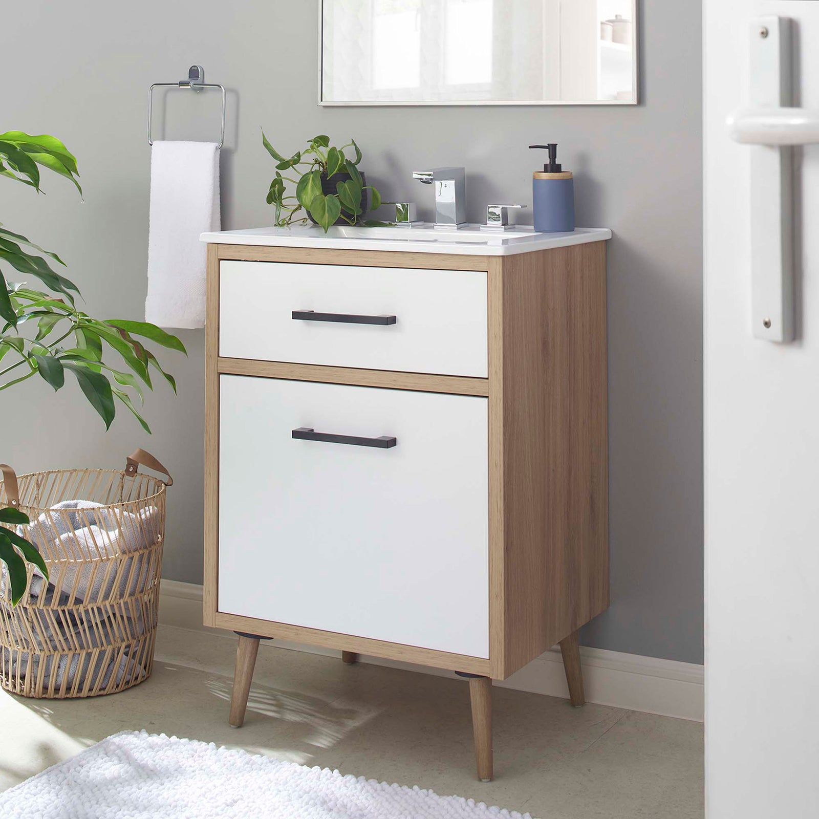Modern white oak vanity elevates the bath with clean lines and mid-century charm || EEI-6498-WHI-OAK || front_angle_room