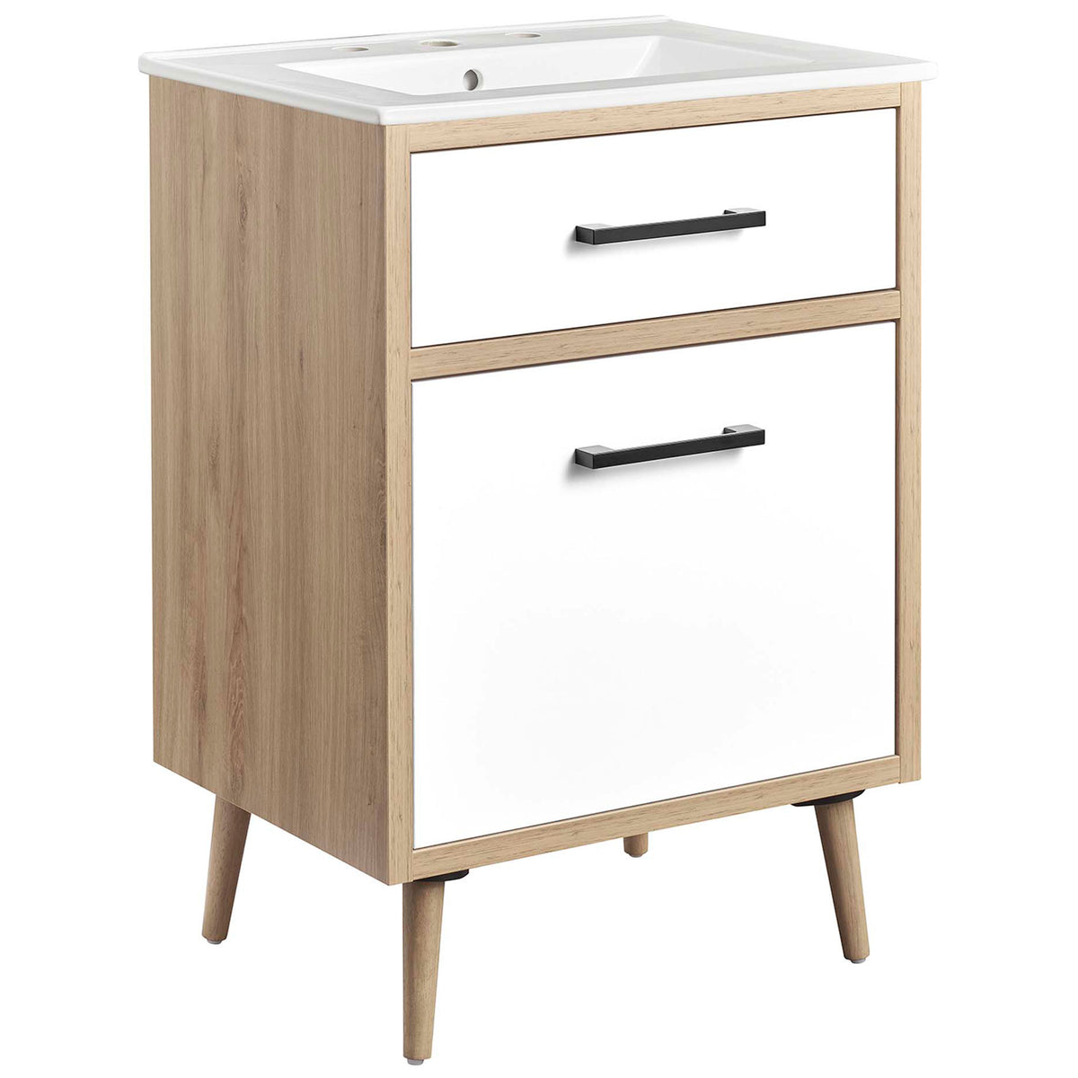 White oak vanity with white fronts, black pulls, and integrated ceramic sink on tapered legs || EEI-6498-WHI-OAK || front_angle_studio
