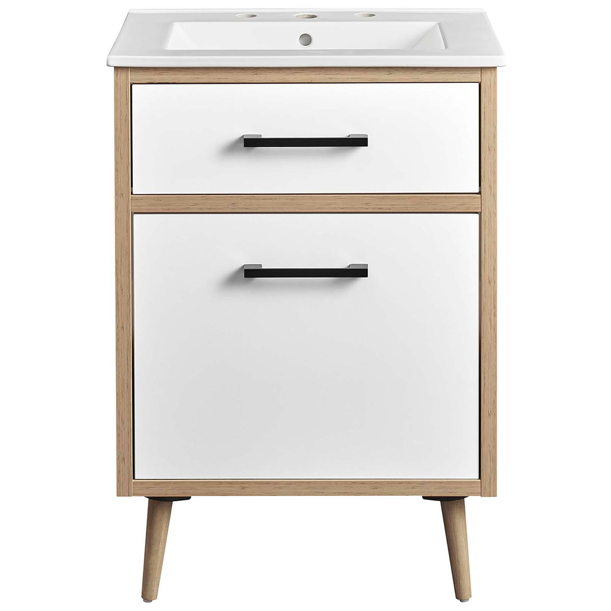 Compact 24-inch vanity with white panel fronts, sleek black handles, and a ceramic basin || EEI-6498-WHI-OAK || front_studio