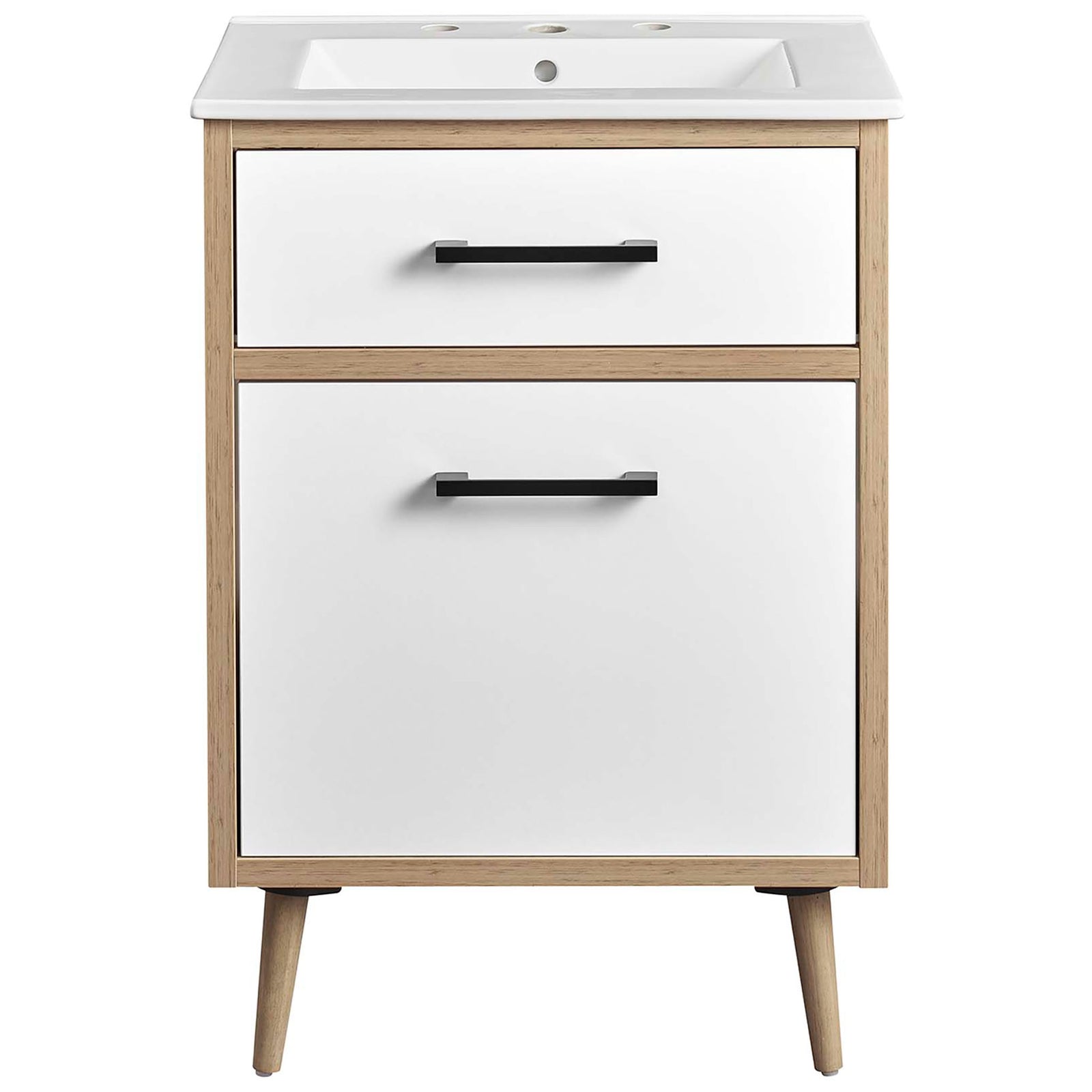 Compact 24-inch vanity with white panel fronts, sleek black handles, and a ceramic basin || EEI-6498-WHI-OAK || front_studio
