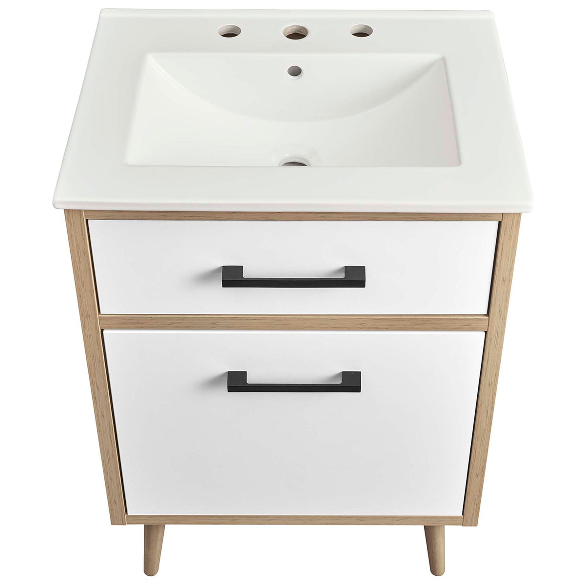Integrated ceramic sink with three-hole, 8-inch faucet configuration and gently sloped basin || EEI-6498-WHI-OAK || top_studio