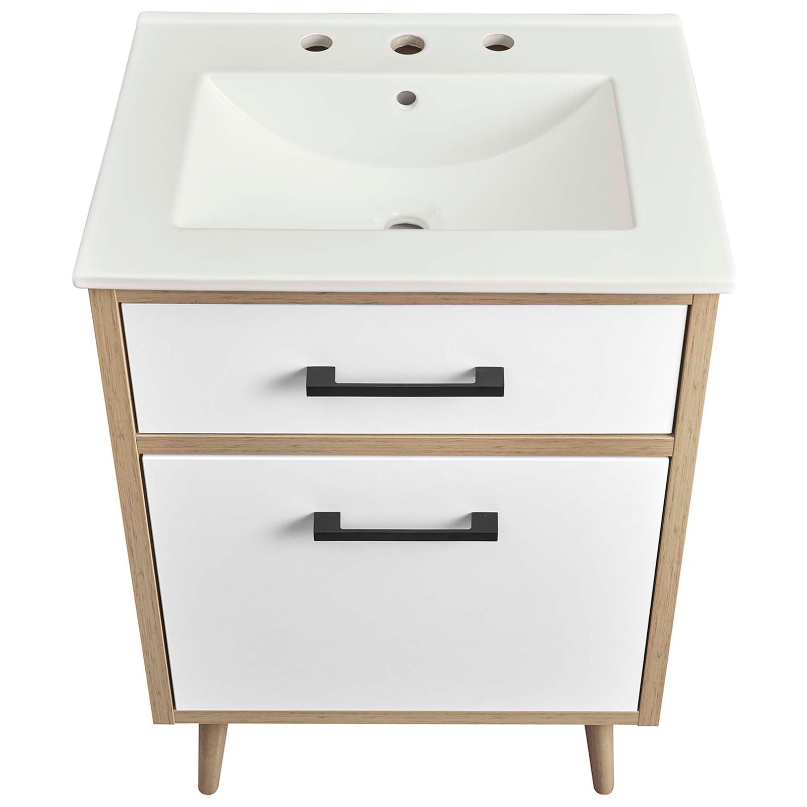 Integrated ceramic sink with three-hole, 8-inch faucet configuration and gently sloped basin || EEI-6498-WHI-OAK || top_studio