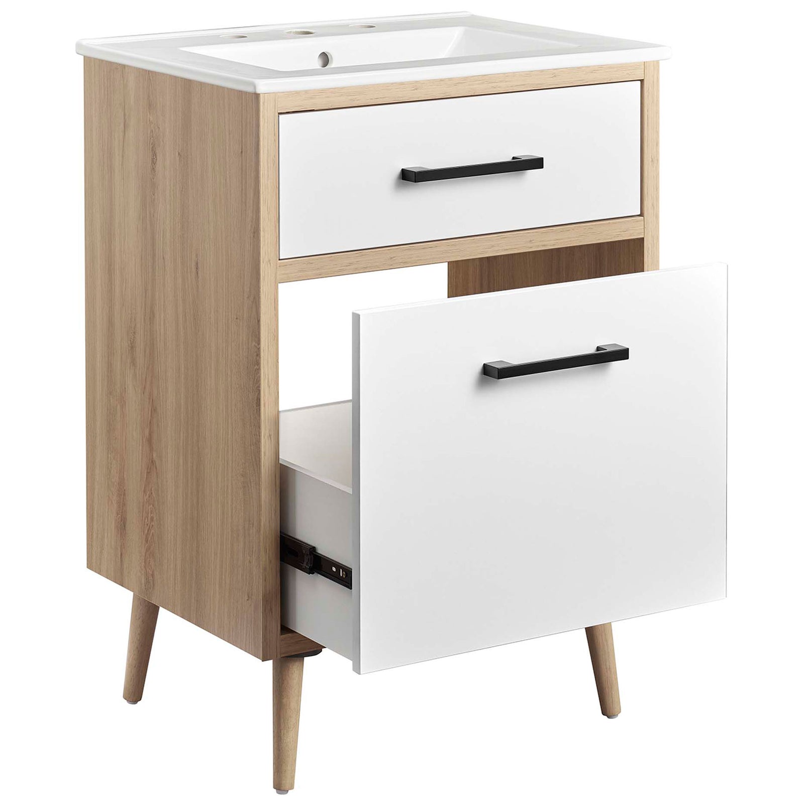 Spacious full-extension bottom drawer opens for convenient storage of bathroom essentials || EEI-6498-WHI-OAK || front_angle_open_studio