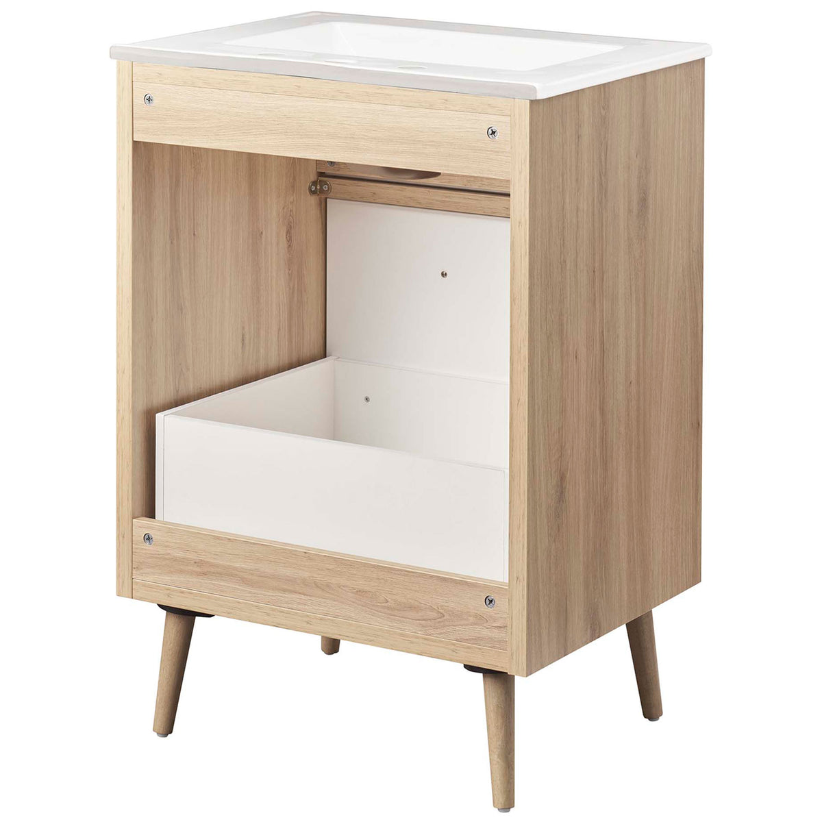 Durable cabinet construction with open back and interior drawer box for easy plumbing access || EEI-6498-WHI-OAK || back_angle_studio